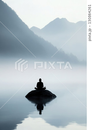 figure rock body water mountains distance misty meditating figure rock body water mountains distance misty meditating 130864261