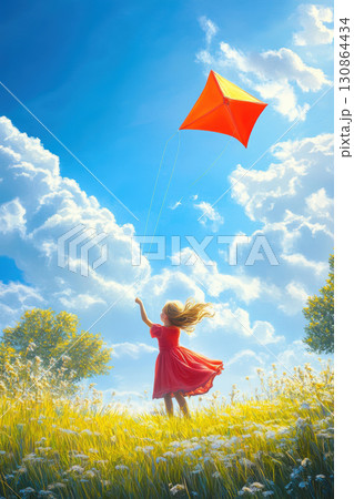 illustration girl dress kite sky clouds rendered flying illustration girl dress kite sky clouds rendered flying 130864434