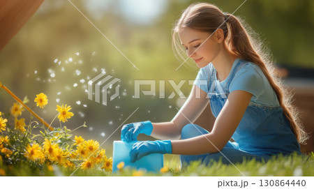 woman overalls gloves grass legs hands knees engaged 130864440