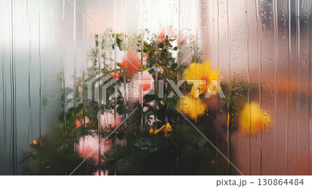 window water droplets view flowers closeup bouquet revealing window water droplets view flowers closeup bouquet revealing 130864484