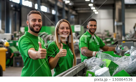workers shirts thumbsup warehouse man foreground shirt logo 130864536