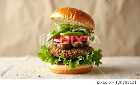 Delicious and Healthy Lentil Burger with Fresh Vegetables and Ingredients Still Life 130865121
