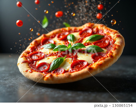 Appetizing Close up of Fresh Baked Pepperoni Pizza with Basil 130865154