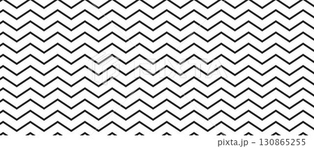 Repeated horizontal zigzag lines of different thicknesses. Black and white zig zag pattern background. Parallel jagged stripes texture. Minimalistic fabric print. Vector graphic illustration 130865255