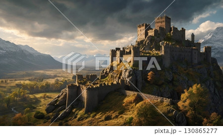 人類未到達の絶景にそびえる神秘の古城と幻想の世界を描いたデジタルアート 130865277