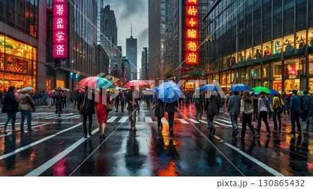 人の流れと都市の鼓動が交錯する活気あふれるスクランブル交差点のデジタルアート 130865432