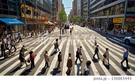 人の流れと都市の鼓動が交錯する活気あふれるスクランブル交差点のデジタルアート 130865443
