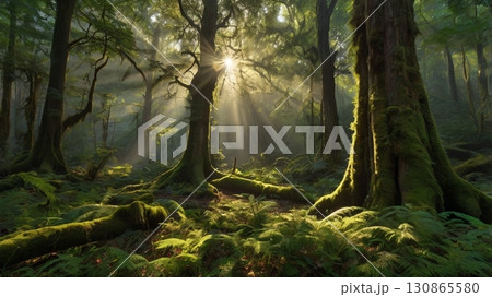 神秘の森に差し込む光が描く幻想的な自然の神聖風景 神秘の森に差し込む光が描く幻想的な自然の神聖風景 130865580