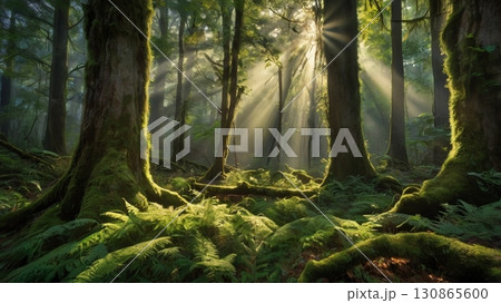 神秘の森に差し込む光が描く幻想的な自然の神聖風景 130865600