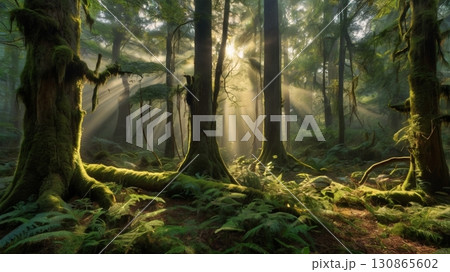 神秘の森に差し込む光が描く幻想的な自然の神聖風景 130865602