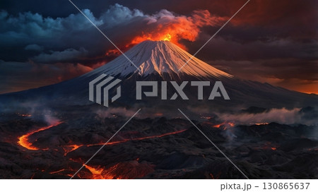 幻想的に火を吹く富士山の大噴火と赤く染まる天空の絶景 130865637