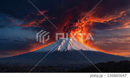 幻想的に火を吹く富士山の大噴火と赤く染まる天空の絶景 130865647