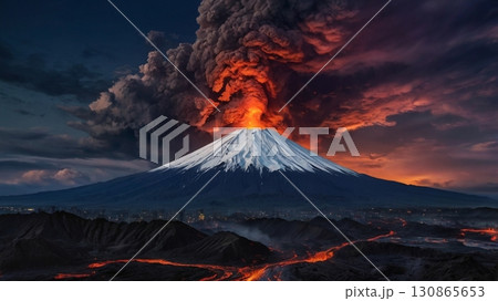 幻想的に火を吹く富士山の大噴火と赤く染まる天空の絶景 幻想的に火を吹く富士山の大噴火と赤く染まる天空の絶景 130865653