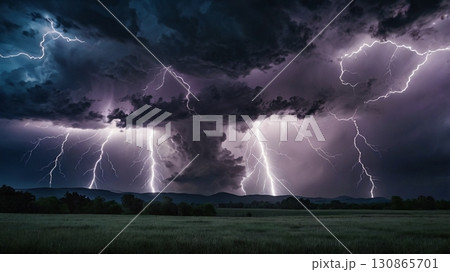 幻想的な稲妻が天空を駆け抜ける壮大で神秘的な光のデジタルアート 幻想的な稲妻が天空を駆け抜ける壮大で神秘的な光のデジタルアート 130865701