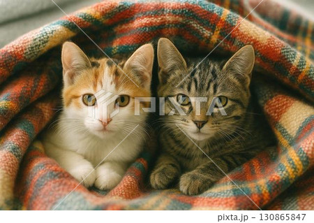 ぬくぬく毛布でくつろぐ癒しの猫たち　癒やしの素材　まったり　ゆったり 130865847