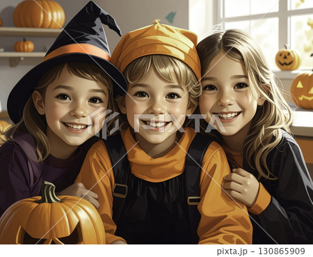 子供たちの笑顔あふれるハロウィンの教室シーン 130865909