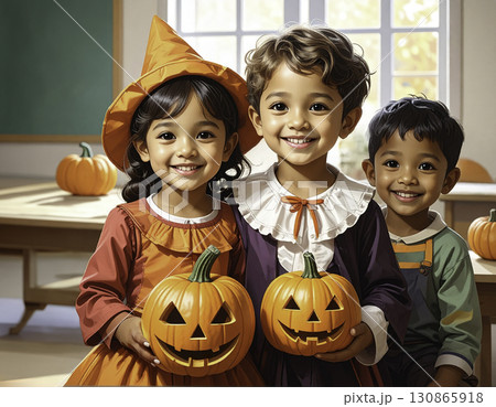 子供たちの笑顔あふれるハロウィンの教室シーン 130865918