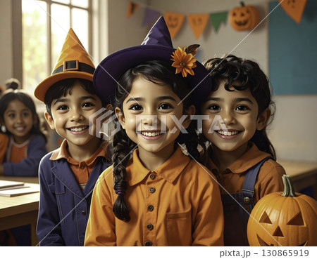 子供たちの笑顔あふれるハロウィンの教室シーン 130865919