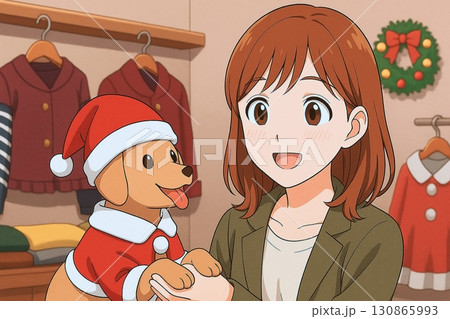 クリスマス衣装の犬と女性の楽しいショッピング風景 130865993