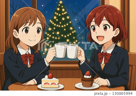 クリスマスツリーを背景に乾杯する女子学生 クリスマスツリーを背景に乾杯する女子学生 130865994