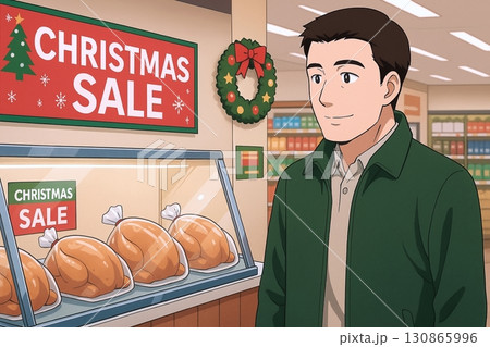 スーパーでクリスマスセールを眺める男性 130865996