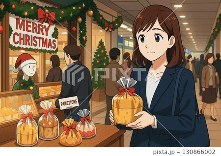 クリスマスマーケットでパネットーネを手に取る女性 130866002