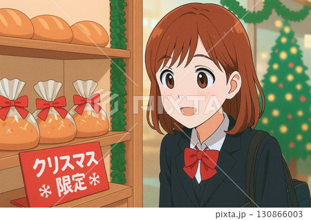 クリスマス限定パンを見つめる女子学生 130866003