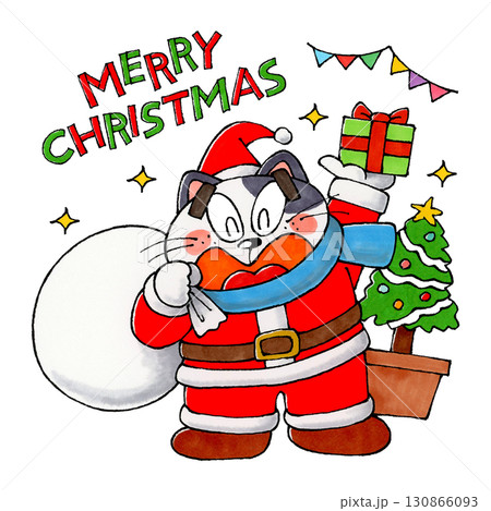 猫のサンタクロース　メリークリスマスの文字(英語) 130866093