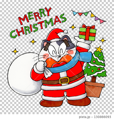 猫のサンタクロース　メリークリスマスの文字(英語) 130866093