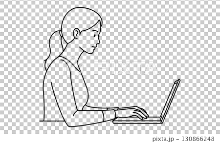 Illustration icon of a woman operating a computer 130866248