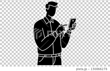 一名男子在行動裝置（智慧型手機）上查看訊息的圖示插圖 130866278