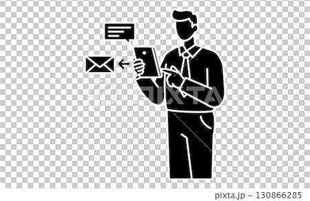 Icon illustration of a man checking messages on a mobile device (smartphone) Icon illustration of a man checking messages on a mobile device (smartphone) 130866285