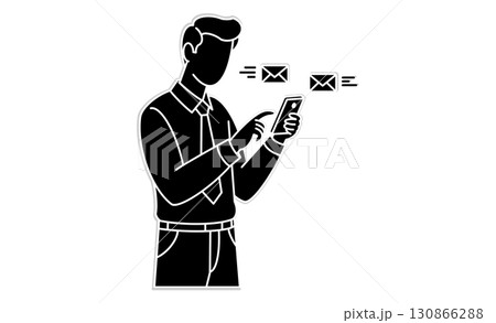 モバイル端末（スマホ）でメッセージ確認中の男性アイコンイラスト 130866288