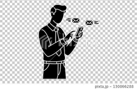 モバイル端末（スマホ）でメッセージ確認中の男性アイコンイラスト 130866288
