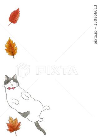 猫と紅葉の落ち葉フレーム 猫と紅葉の落ち葉フレーム 130866613