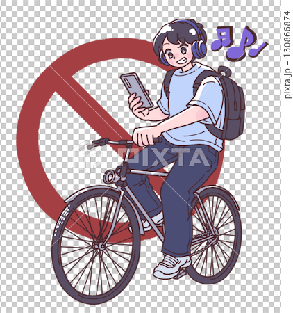 一個人戴著耳機並使用智慧型手機騎自行車的插圖 130866874