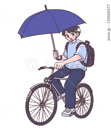 傘をさしながら自転車を運転する人物のイラスト 傘をさしながら自転車を運転する人物のイラスト 130866877