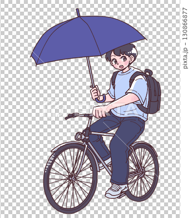 傘をさしながら自転車を運転する人物のイラスト 傘をさしながら自転車を運転する人物のイラスト 130866877