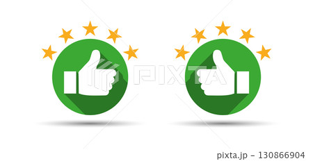 Two Green Thumbs Up Icons with Gold Stars, Representing Positive Feedback and High Ratings. 130866904