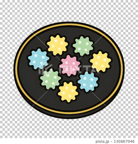 金縁黒盆に並ぶ金平糖のシンプルな切り抜きイラスト 金縁黒盆に並ぶ金平糖のシンプルな切り抜きイラスト 130867046