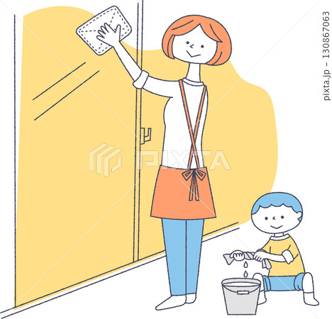 窓拭きをする親子 130867063