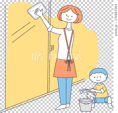 窓拭きをする親子 130867063