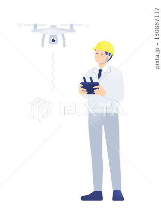 ドローンを操作する作業員 i-Construction・DXイメージのイラスト素材 130867117