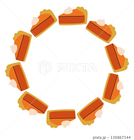 Autumn pumpkin pie circle frame. Round border made of doodle hand drawn fall elements. Arranged in a circle for stickers, banners, cards, ads. Vector flat isolated on white background. Autumn pumpkin pie circle frame. Round border made of doodle hand drawn fall elements. Arranged in a circle for stickers, banners, cards, ads. Vector flat isolated on white background. 130867144