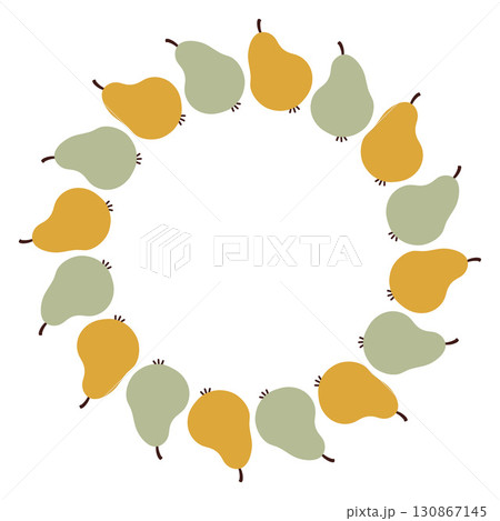 Autumn pear circle frame. Round border made of doodle hand drawn fall pears. The pears are arranged in a circle for stickers, banners, cards, ads. Vector flat isolated on white background. Autumn pear circle frame. Round border made of doodle hand drawn fall pears. The pears are arranged in a circle for stickers, banners, cards, ads. Vector flat isolated on white background. 130867145