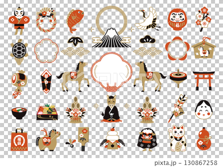 2026 Year of the Horse Japanese-style frame and New Year's lucky charm illustration set 2026 Year of the Horse Japanese-style frame and New Year's lucky charm illustration set 130867258