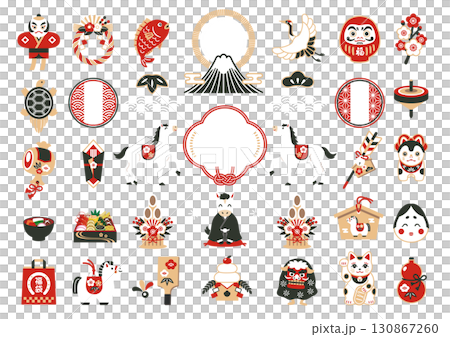 2026 Year of the Horse Japanese-style frame and New Year's lucky charm illustration set 2026 Year of the Horse Japanese-style frame and New Year's lucky charm illustration set 130867260
