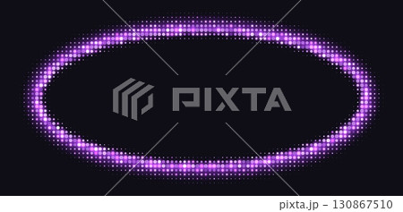 Purple halftone frames, glowing circle borders, round pattern with dots, radial disco luxury design element. 130867510