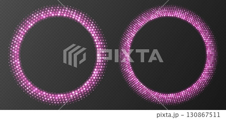 Pink halftone frames, glowing circle borders, round pattern with dots, radial disco luxury design element. 130867511