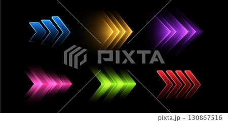 Glowing colorful arrows, dynamic glowing pointers, fast motion concept. 130867516